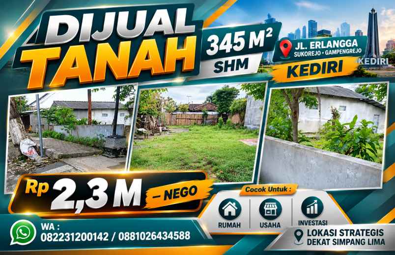 dijual tanah jalan erlangga kediri