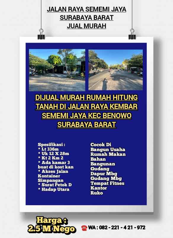 dijual tanah raya sememi jaya kec