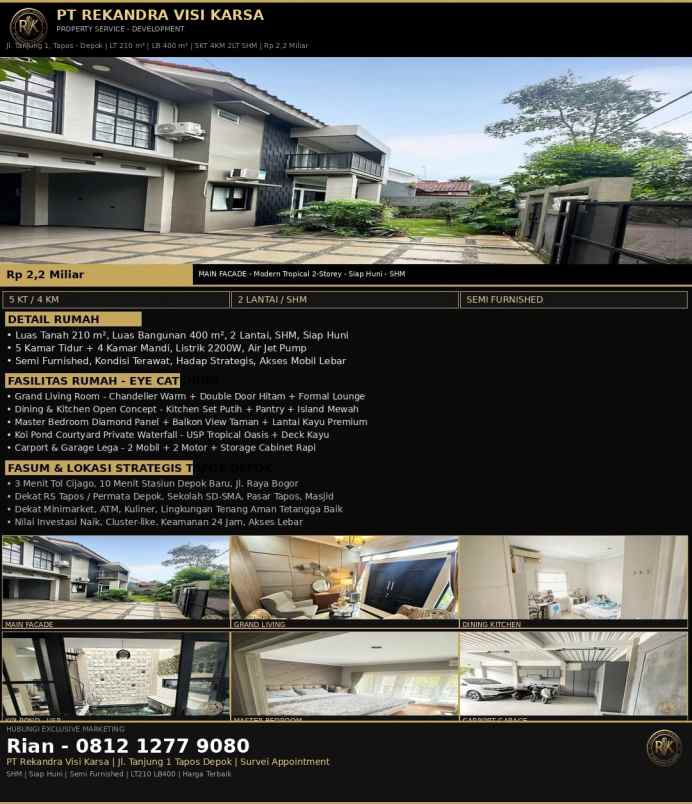 rumah 2 lantai lb 400m lt 210m strategis