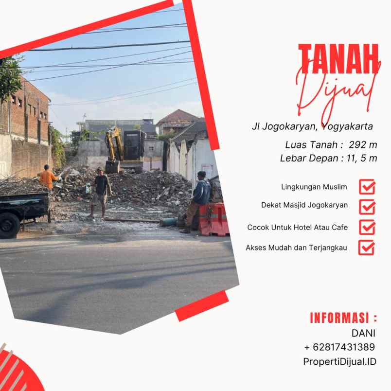 tanah dijual di jogokaryan jogja luas 292 m shm