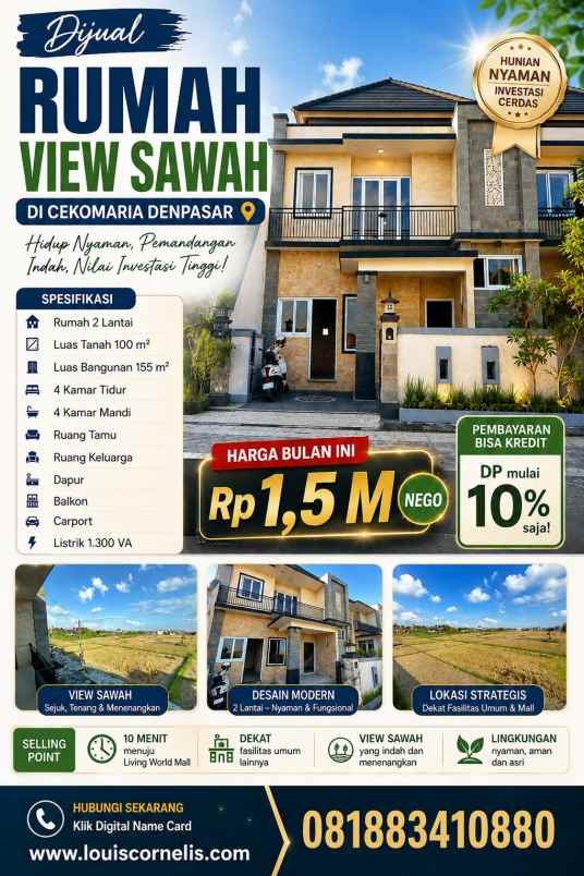 dijual rumah 2 lantai view sawah di cekomaria denpasar