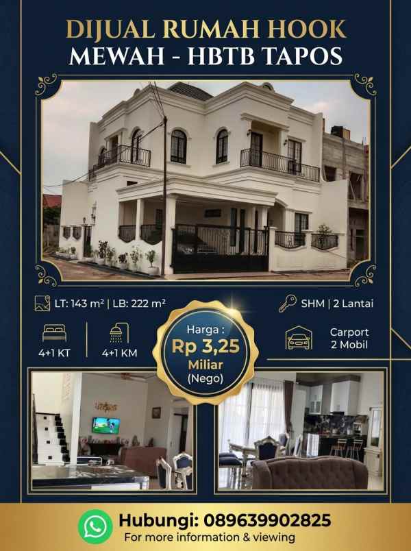 dijual rumah hook di perum hbtb tapos depok