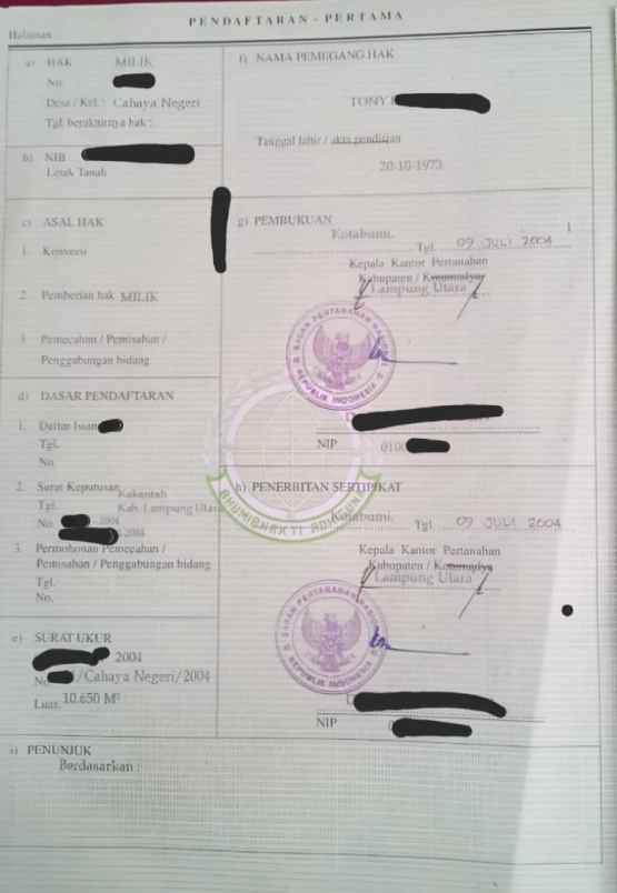 tanah desa cahaya negri tepi jalan raya propinsi