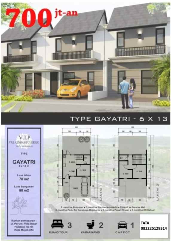 dijual rumah 2 lantai vila indah pulorejo mojokerto