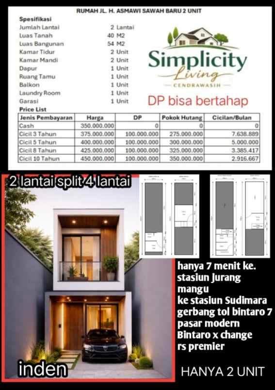 rumah 2 lantai akses mobil hanya 350 juta