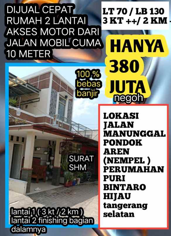 dijual rumah 2 lantai hanya 380 juta