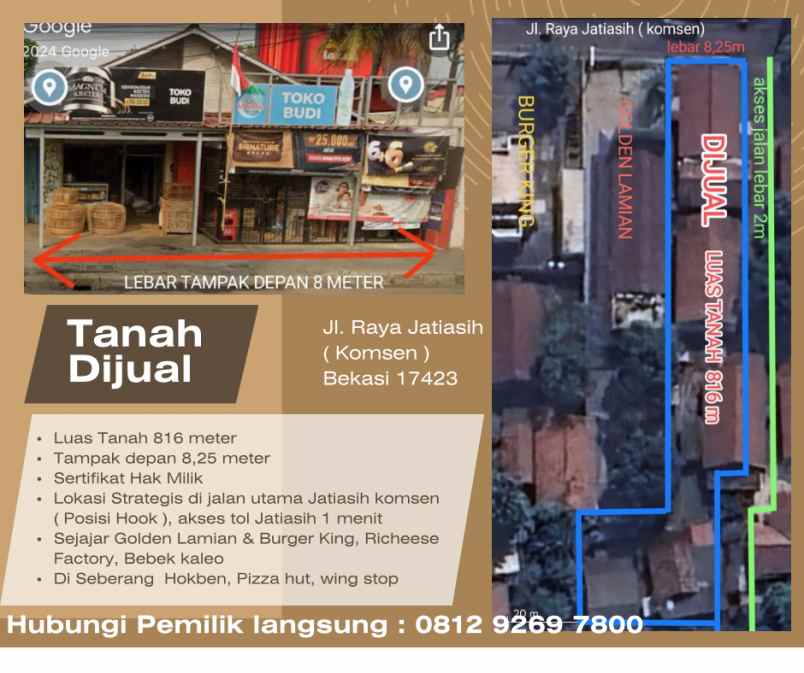 dijual tanah jl raya jatiasih no 58