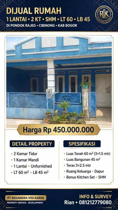 rumah siap huni lt 60m lb 45m pondok rajeg cibinong