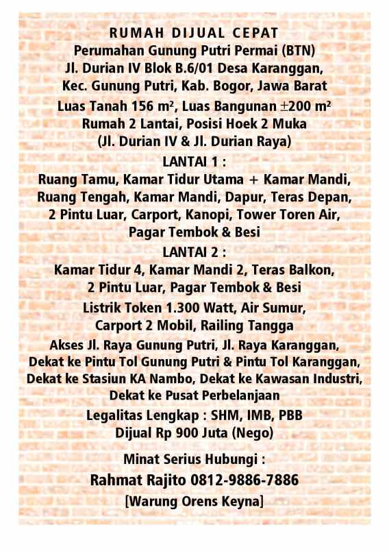 rumah 2 lantai posisi hook 1 km dari gt gunungputri
