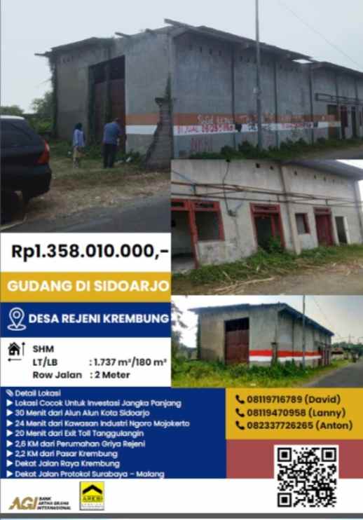 dijual ruko gudang kantor desa rejeni krembung