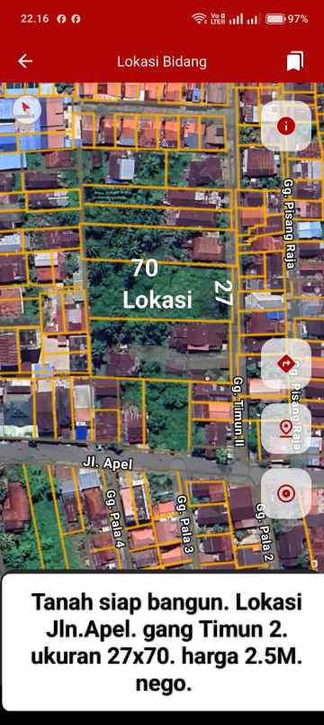 dijual tanah jalan apel gang timun