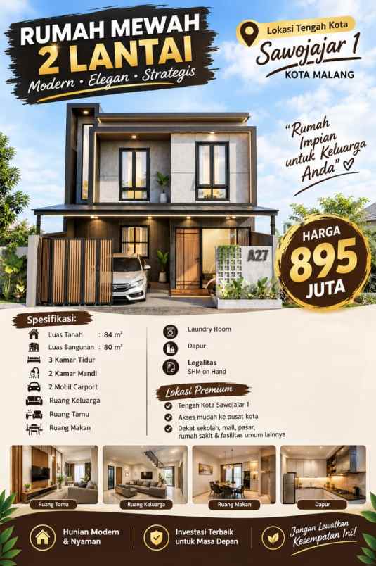 rumah mewah 2 lantai lokasi tengah kota sawojajar 1