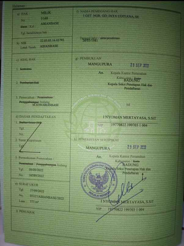 dijual 5 75 are jl cica abianbase kapal mengwi badung