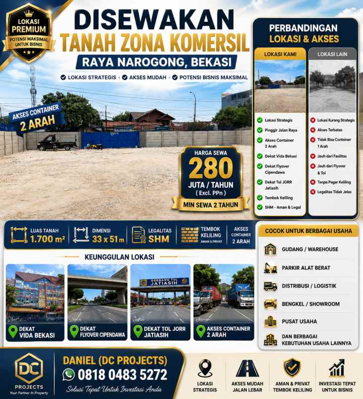 disewakan tanah zona komersil di raya narogong bekasi