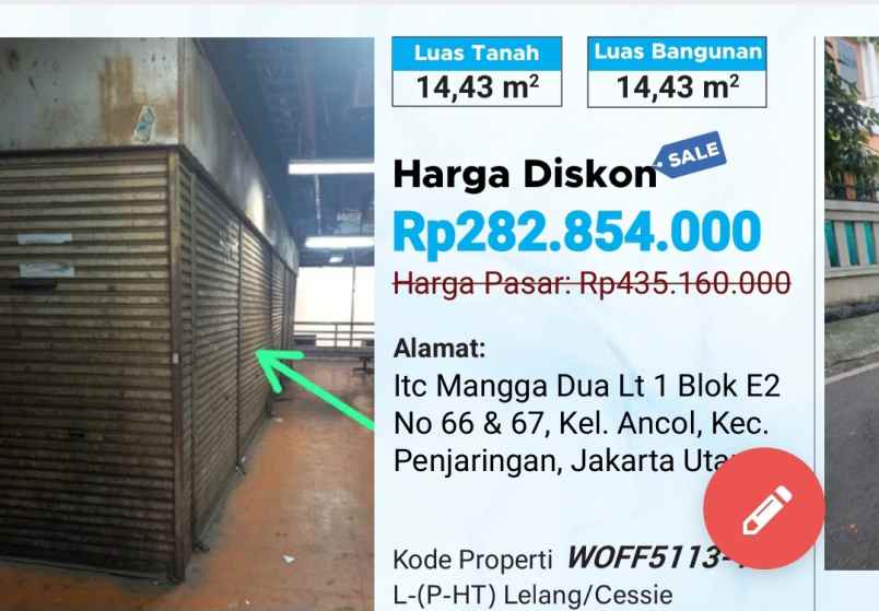 dijual kios lelang cassie itc mangga dua jakarta utara