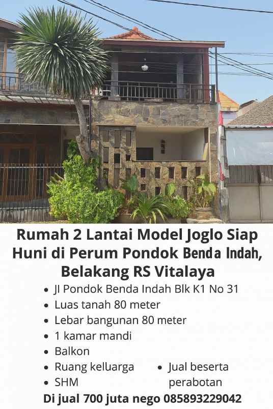 dijual rumah jln pd benda indah blok k1