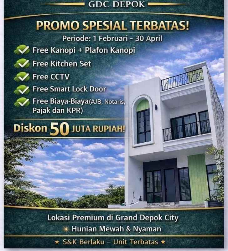 rumah 2 lantai plus rooftop area gdc pusat kota depok