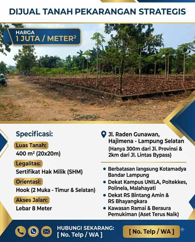 tanah 400m siap bangun di raden gunawan hajimena