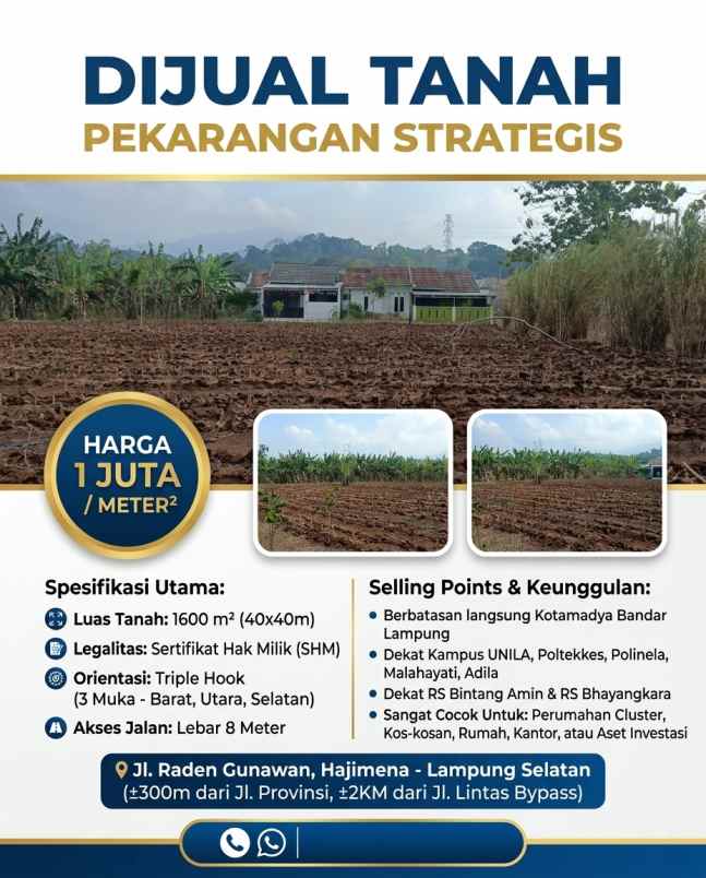 tanah siap bangun di raden gunawan hajimena 1600m shm