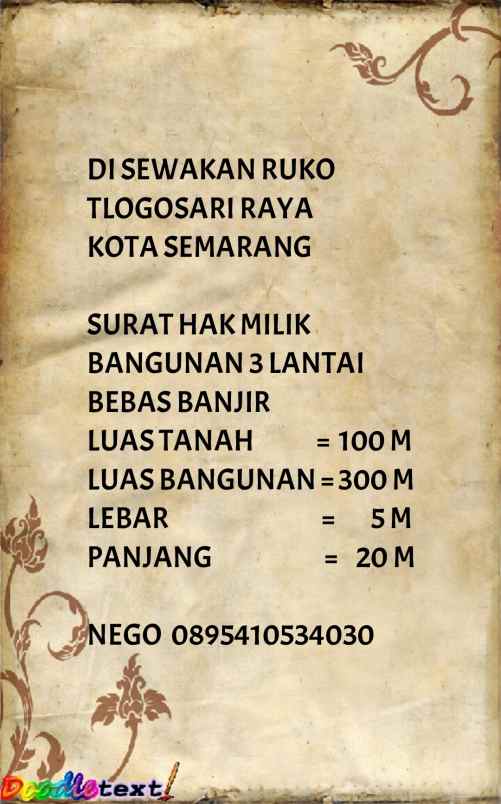 di sewakan ruko tlogosari