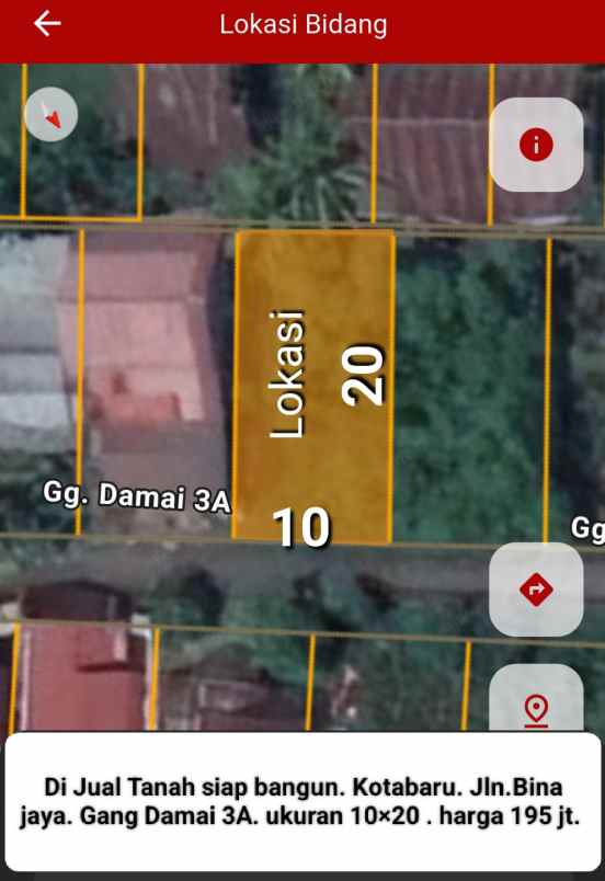 dijual tanah jalan bina jaya gang damai 3a