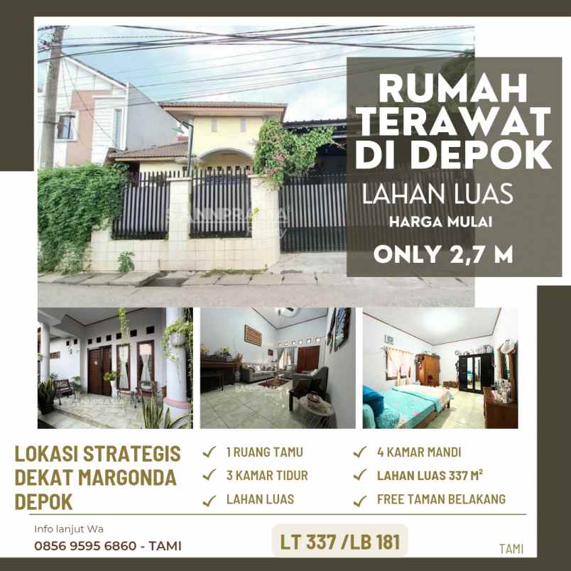 dijual cepat rumah di sukmajaya depok lahan luas 2 7 m
