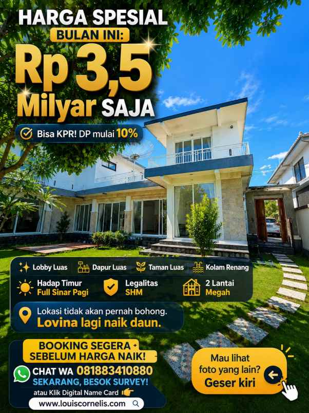 dijual rugi villa 800 m view laut bukit di lovina bali