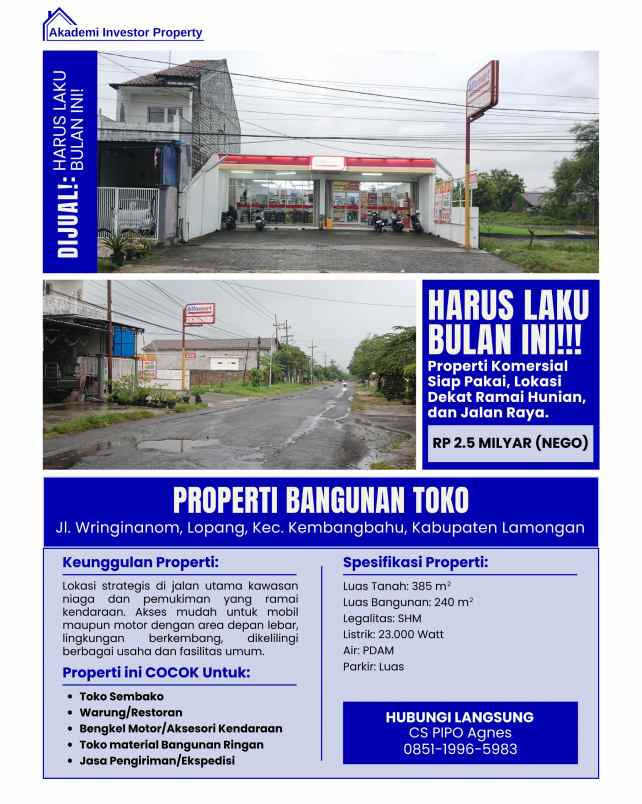 dijual ruko gudang kantor jl raya kembangbahu