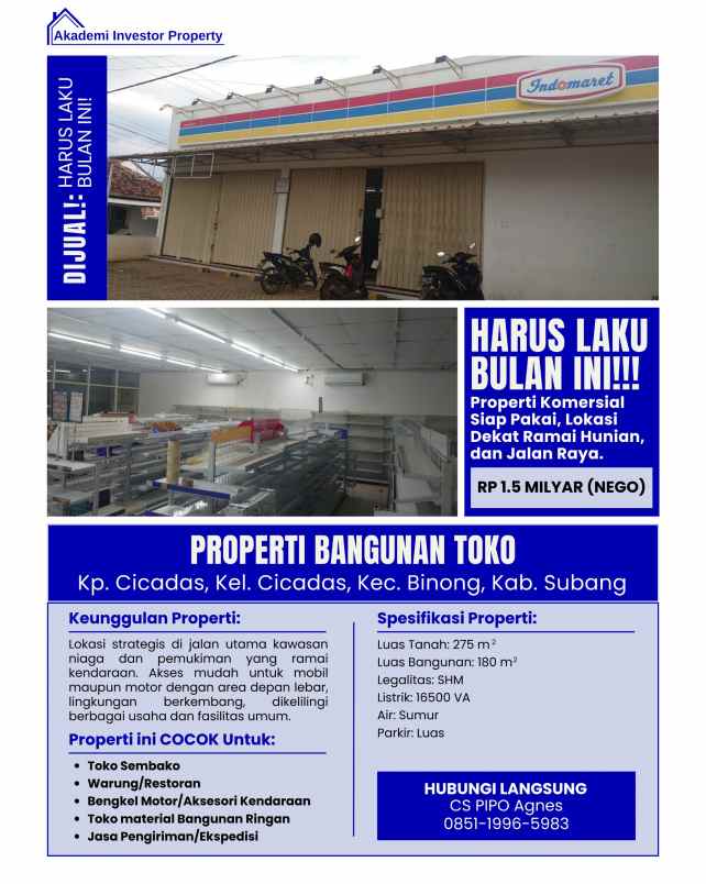 property termurah jual cepat eks indomaret subang