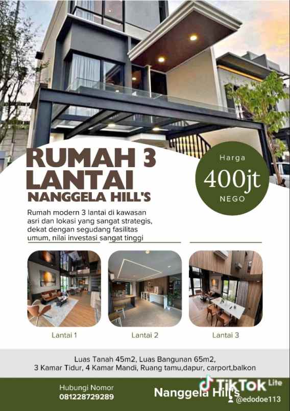 dijual rumah baru 3 lantai di dekat jl raya bomang