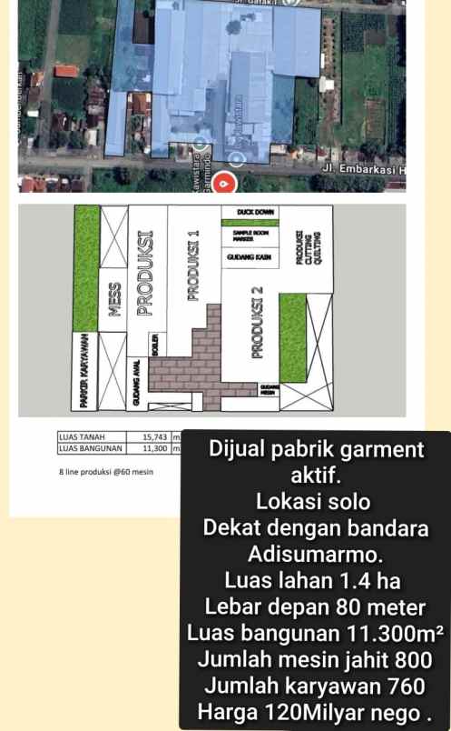 dijual pabrik garmen aktif di solo