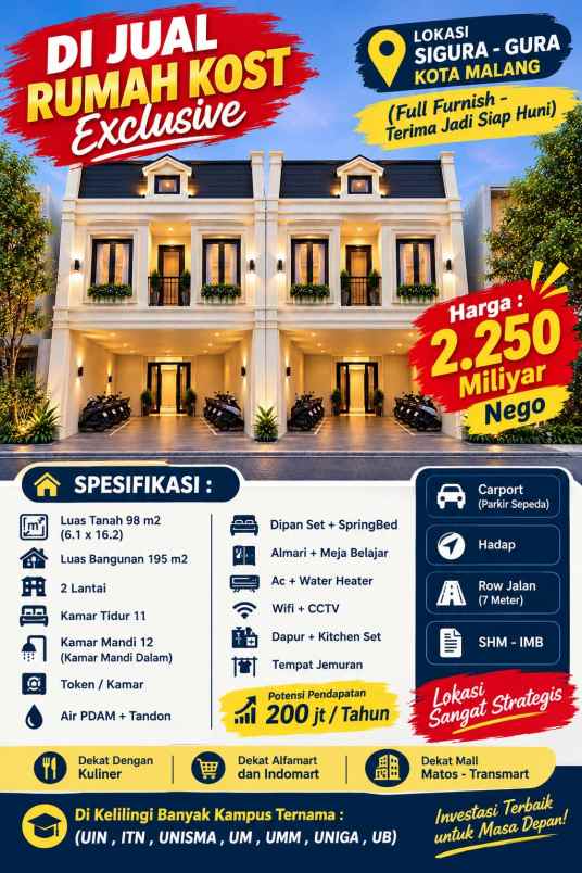 dijual rumah kost exclusive lokasi sigura gura