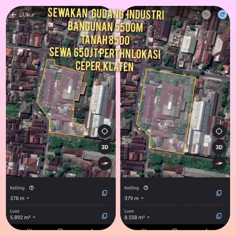 disewakan gudang 8500m2 lokasi ceper klaten 650jt thn
