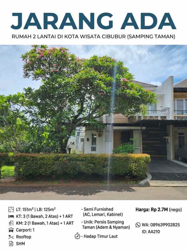 rumah 2 lantai di kota wisata cibubur samping taman