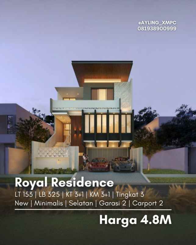 rumah royal residence new minimalis garasi 2 carport 2