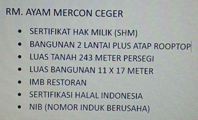 dijual resto ayam mercon ceger jakarta