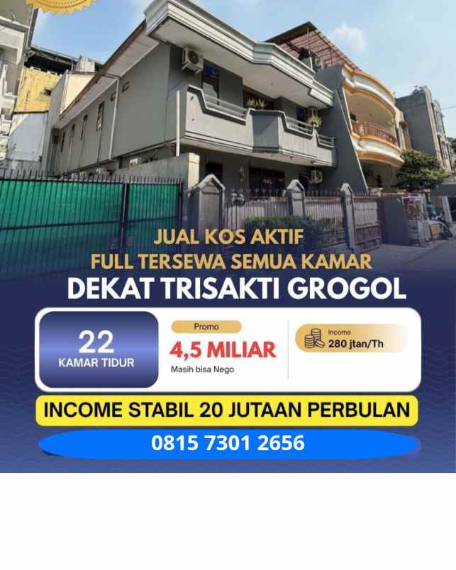 rumah kost dijual di grogol sudah full terisi