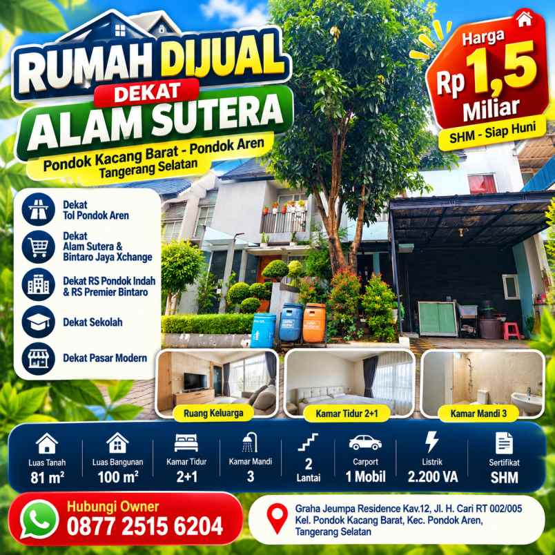 rumah dijual dekat alam sutera lt 81m lb 100m shm