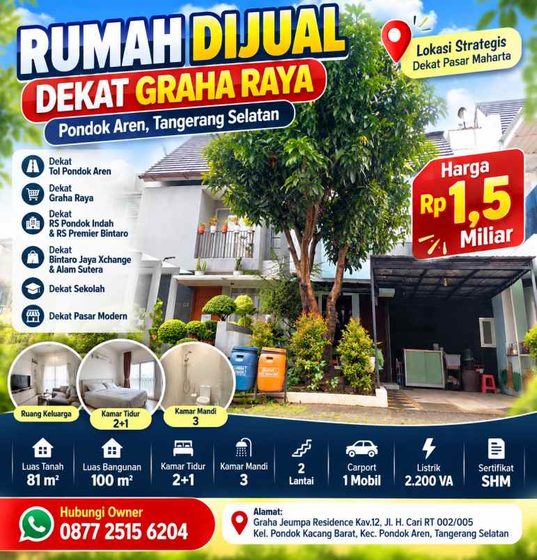 rumah dijual dekat graha raya pondok aren shm 2 lantai