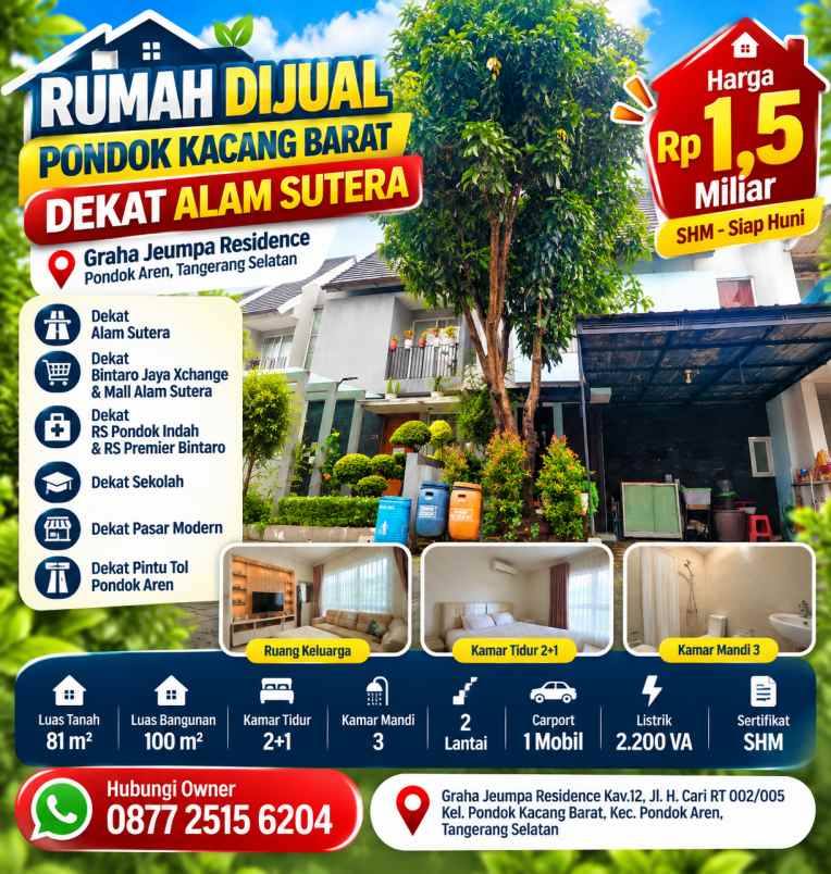 rumah dijual pondok kacang barat dekat alam sutera shm