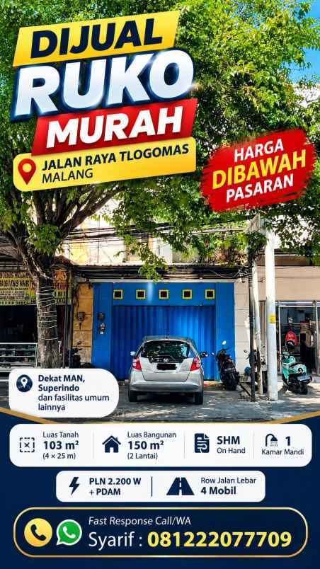 dijual ruko murah di jalan raya tlogomas malang