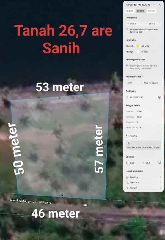 dijual tanah jl raya air sanih kubu