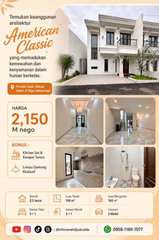 rumah american classic di pondok gede bekasi dekat tol