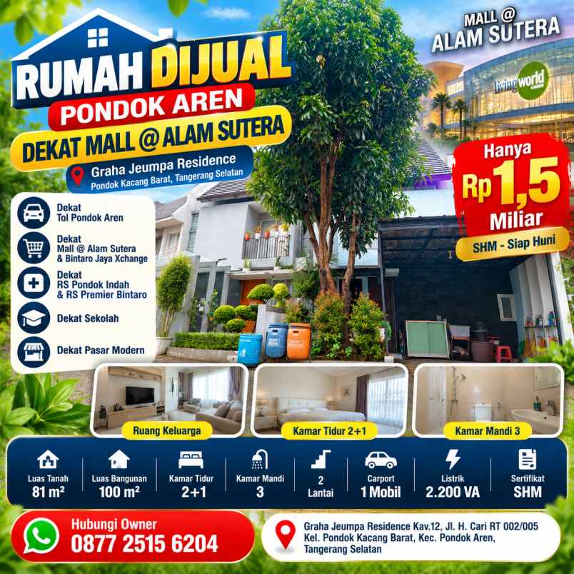 rumah dijual pondok aren dekat mall alam sutera shm