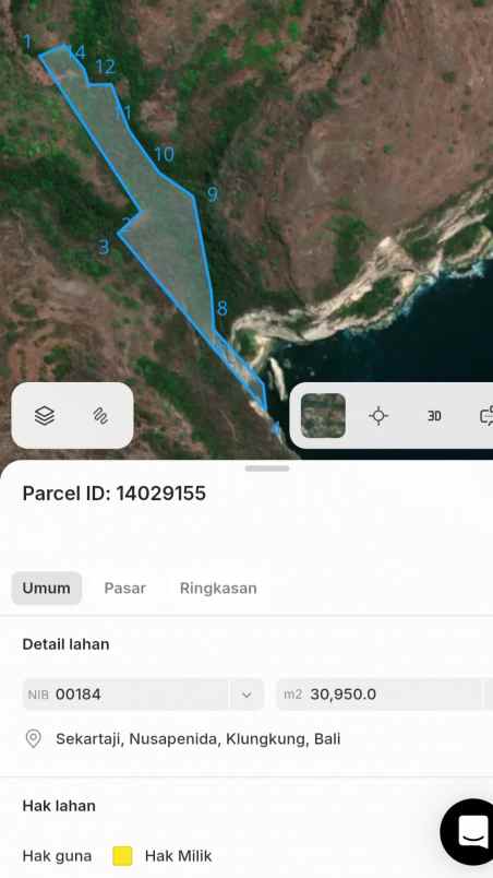 dijual 38 ha loss tebing tanglad nusa penida klungkung
