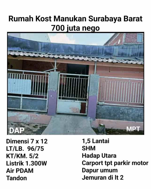 Rumah Kost Manukan Surabaya Barat 700 Juta Nego Shm Ada Parkir Motor