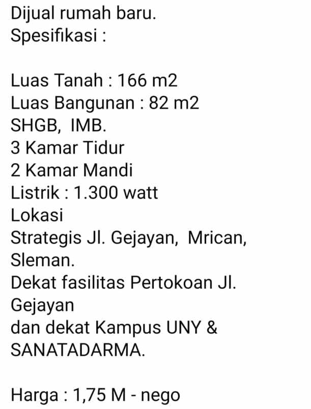 dijual rumah jalan gejayen mrican