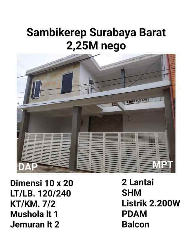 Rumah 2 Lantai Sambikerep Surabaya Barat 225m Nego Shm Air Pdam