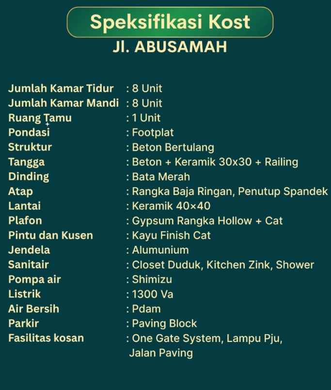 kosan eksklusif di jl abusamah dekat simpang 5