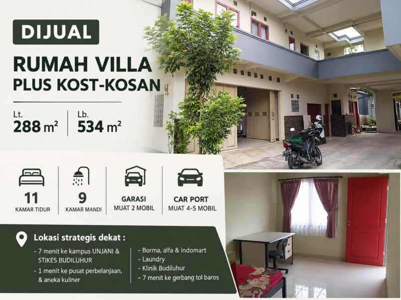 dijual rumah villa plus kost 11 kamar dekat unjani